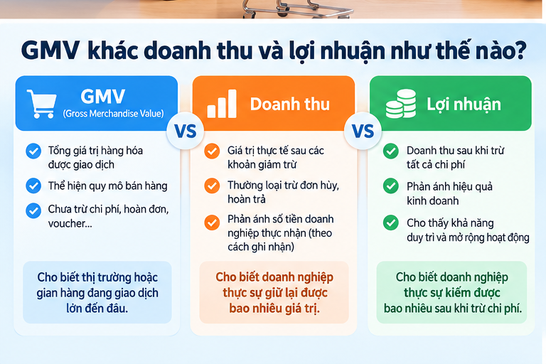 GMV khác doanh thu và lợi nhuận như thế nào